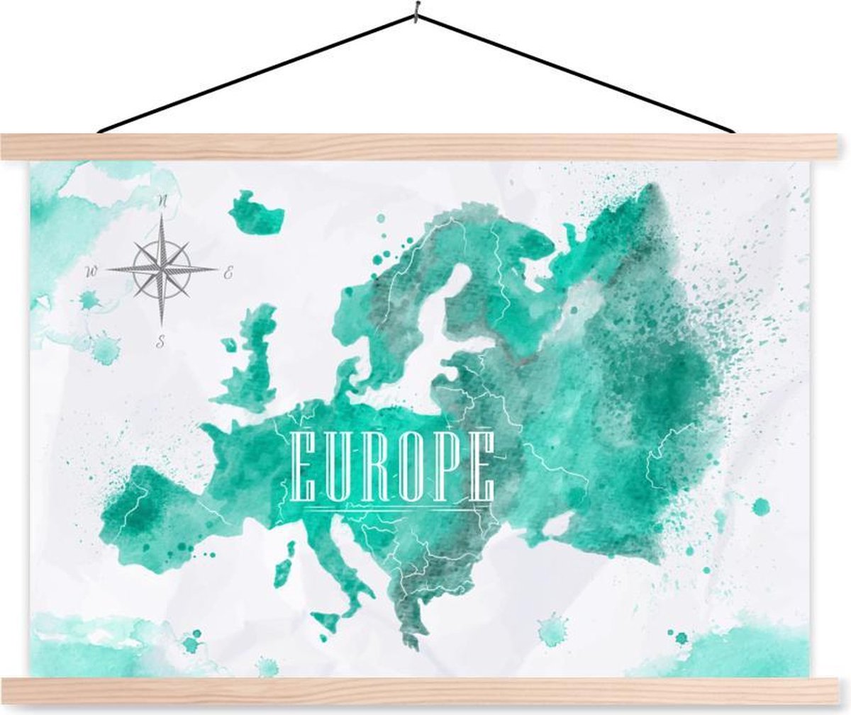 Schoolplaat - Waterverf - Wereldkaart - Europa - 60x40 cm - Blanke latten