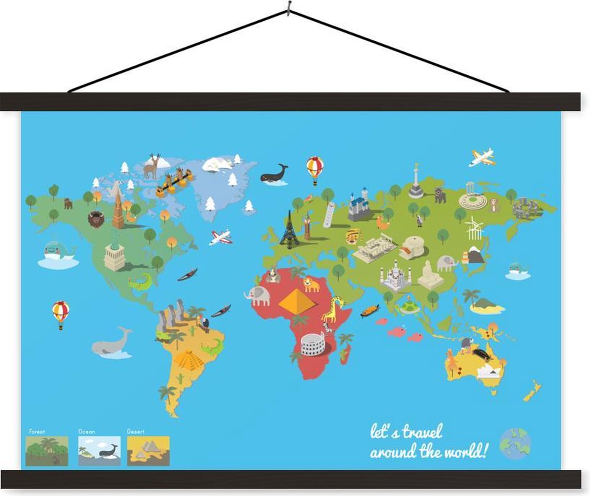 Wereldkaart Kinderen - Modern - Symbolen - 90x60 cm - Schoolplaat