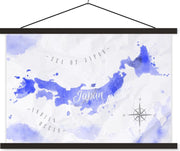 Schoolplaat - Waterverf - Wereldkaart - Blauw - 60x40 cm - Zwarte latten