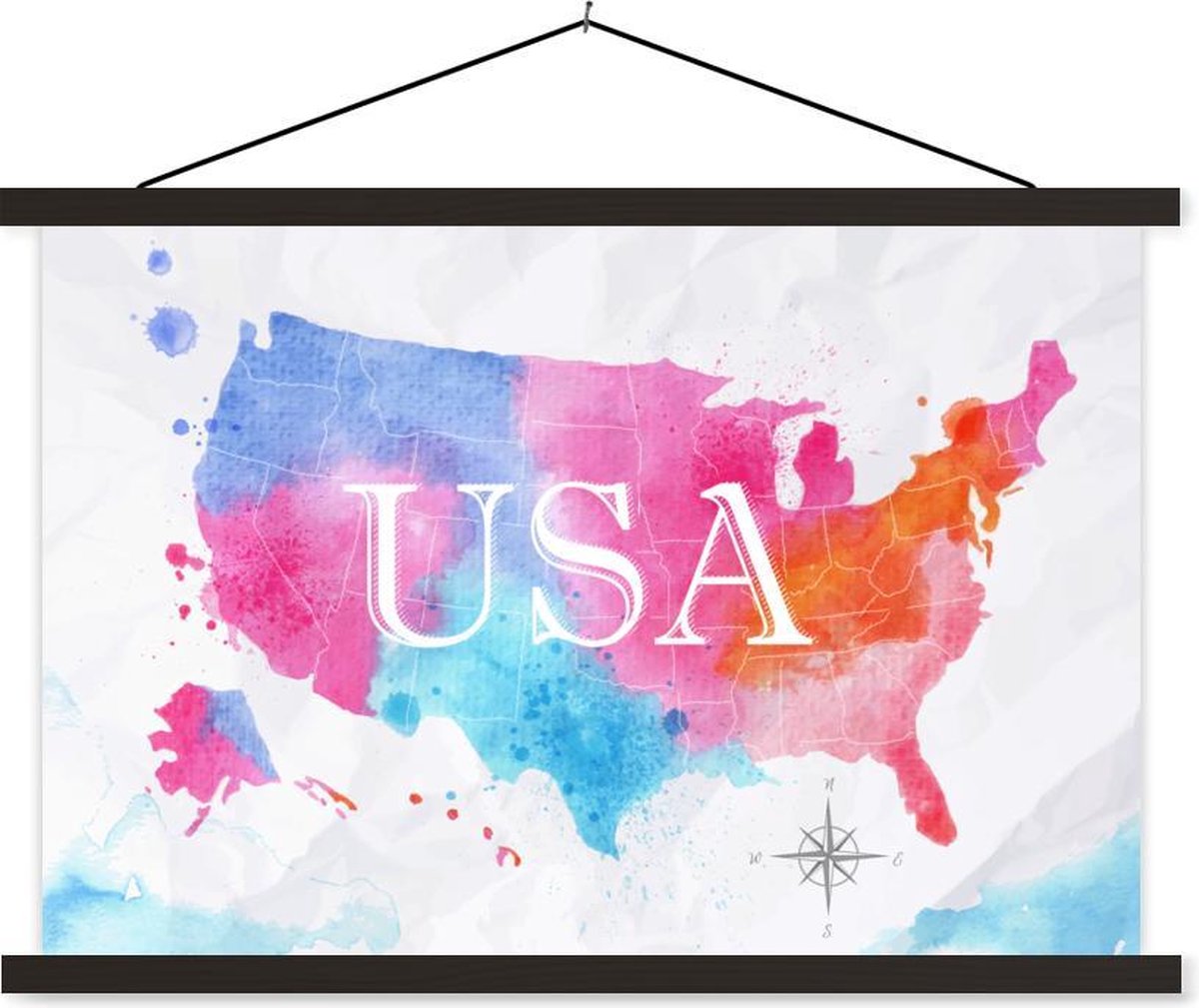 Schoolplaat - Amerika - Wereldkaart - Waterverf - 150x100 cm - Zwarte latten