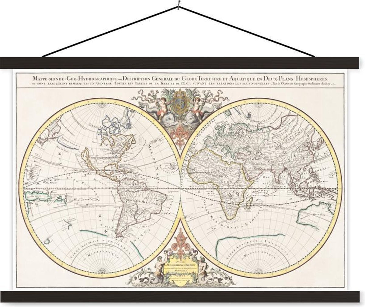 Schoolplaat - Wereldkaart - Retro - Frans - 60x40 cm - Zwarte latten