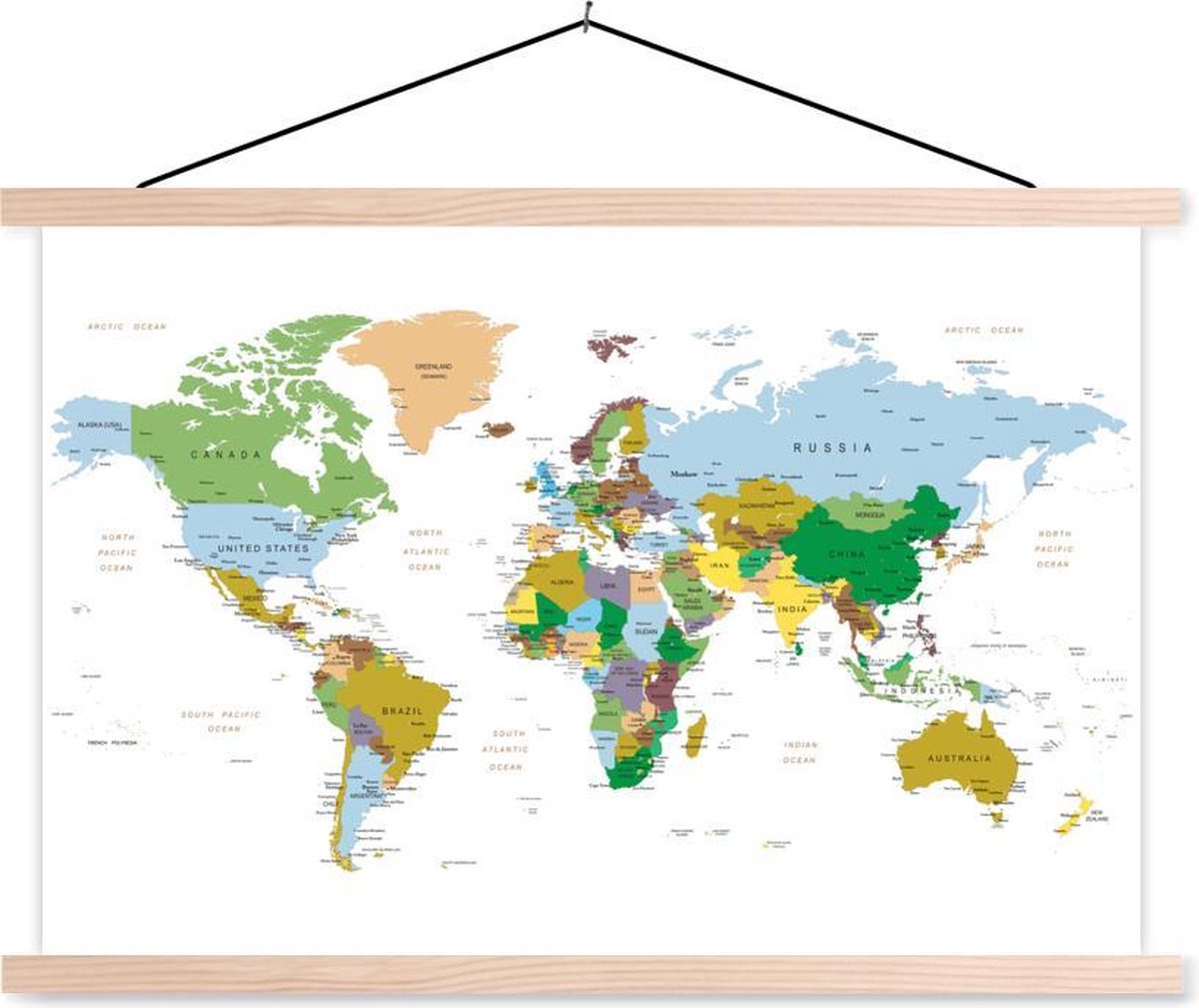 Schoolplaat - Wereldkaart - Aarde - Kleuren - 150x100 cm - Blanke latten