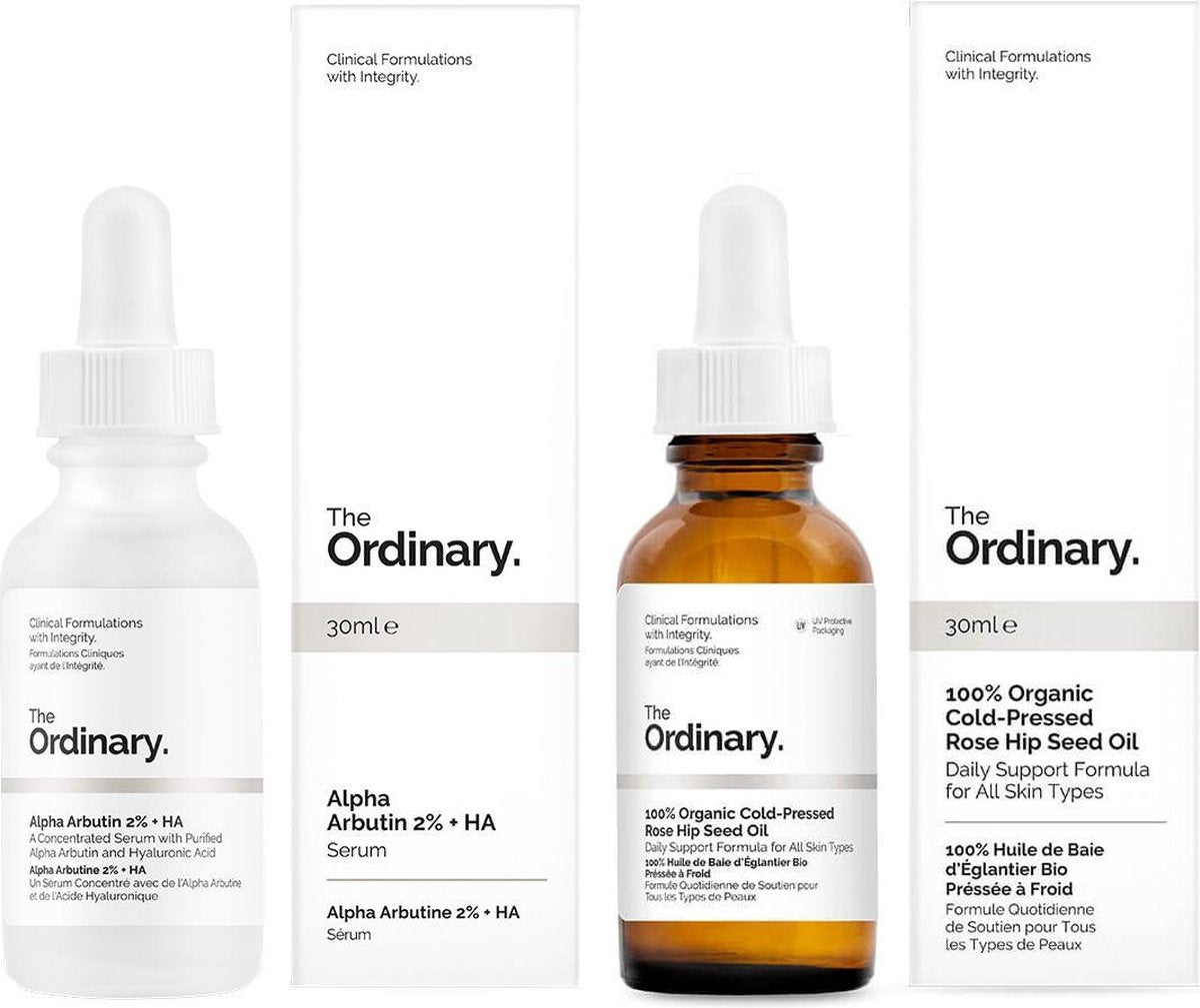 Double skincare The Ordinary | Alpha Arbutin 2% + HA | 100% Organic Cold-Pressed Rose Hip Seed Oil | Avond routine tegen verkleuringen en pigmentvlekjes | Hydraterend | Egale teint