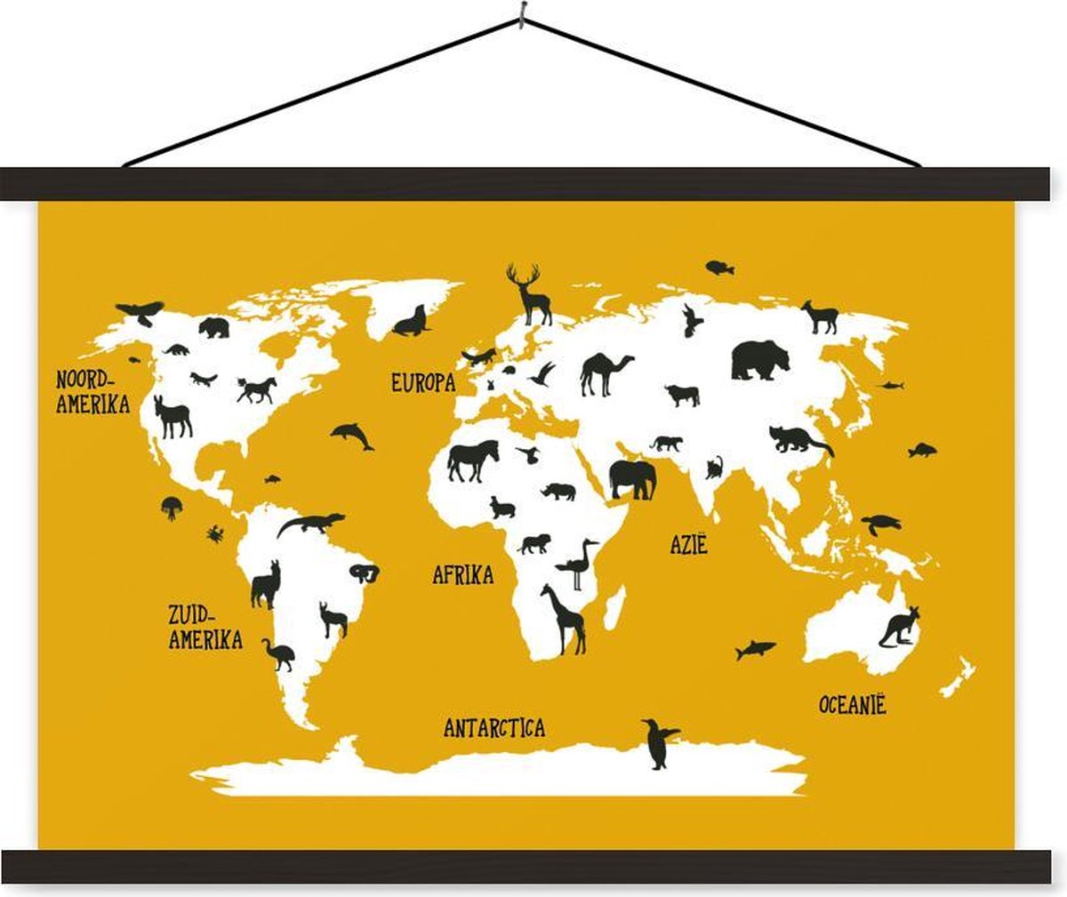 Wereldkaart Kinderen - Dieren - Geel - 120x80 cm - Schoolplaat