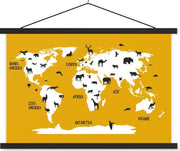 Wereldkaart Kinderen - Dieren - Geel - 120x80 cm - Schoolplaat