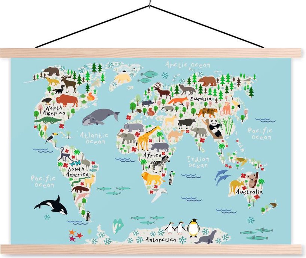 Wereldkaart ons dierenrijk schoolplaat platte latten blank 150x100 cm - Foto print op textielposter (wanddecoratie woonkamer/slaapkamer)