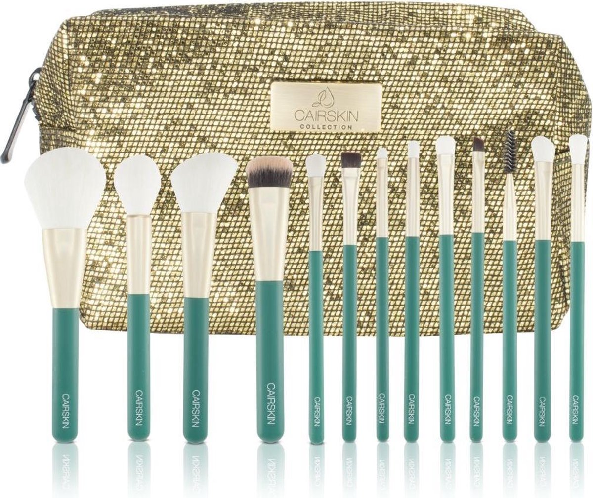 CAIRSKIN Gilt Green Brush Set - 13 Professional Face & Eyes Brushes + Glitter Beauty Case - Professionele Visagie Kwasten - Vegan Makeup Set