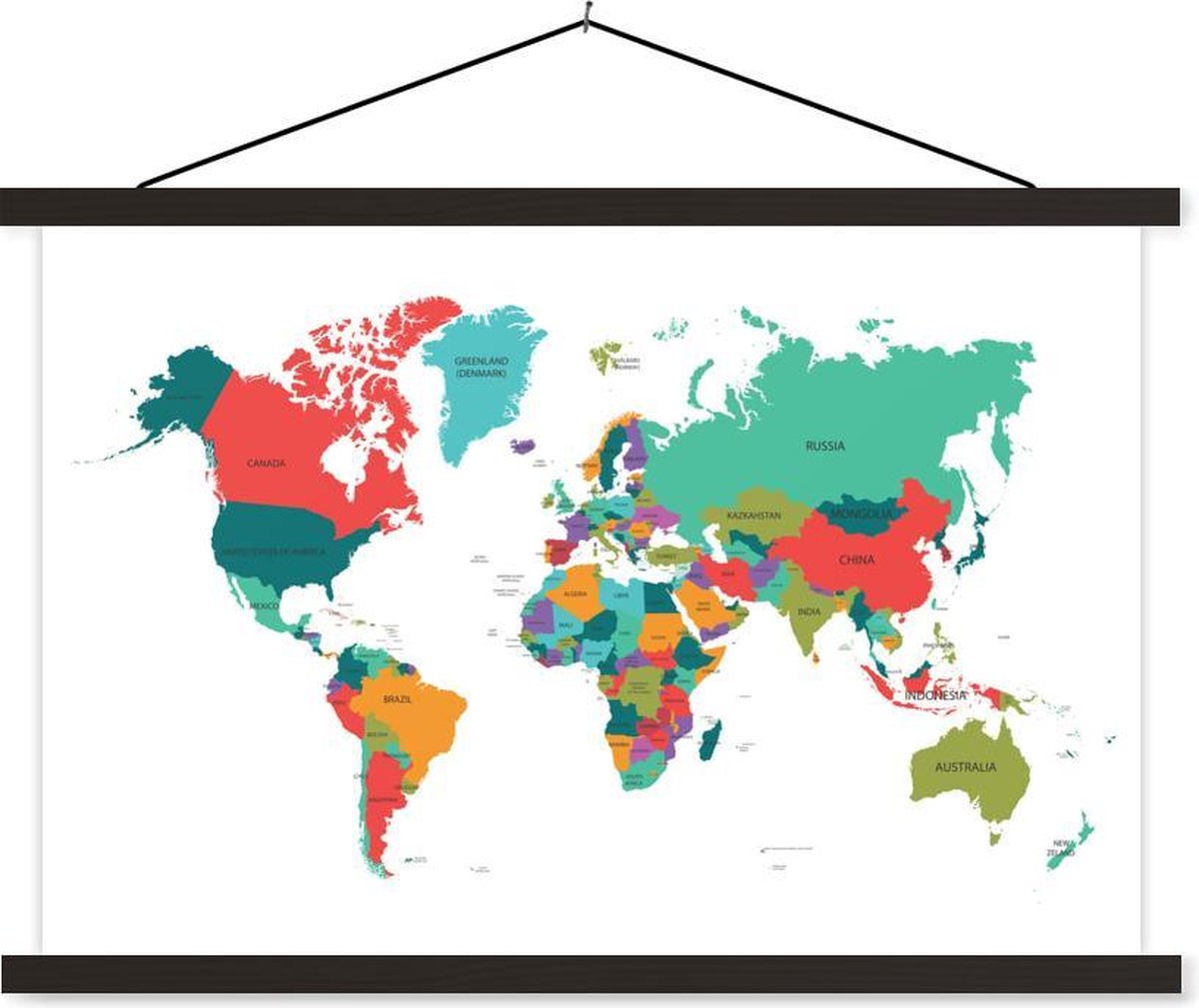 Schoolplaat - Wereldkaart - Kleurrijk - Simpel - 120x80 cm - Zwarte latten