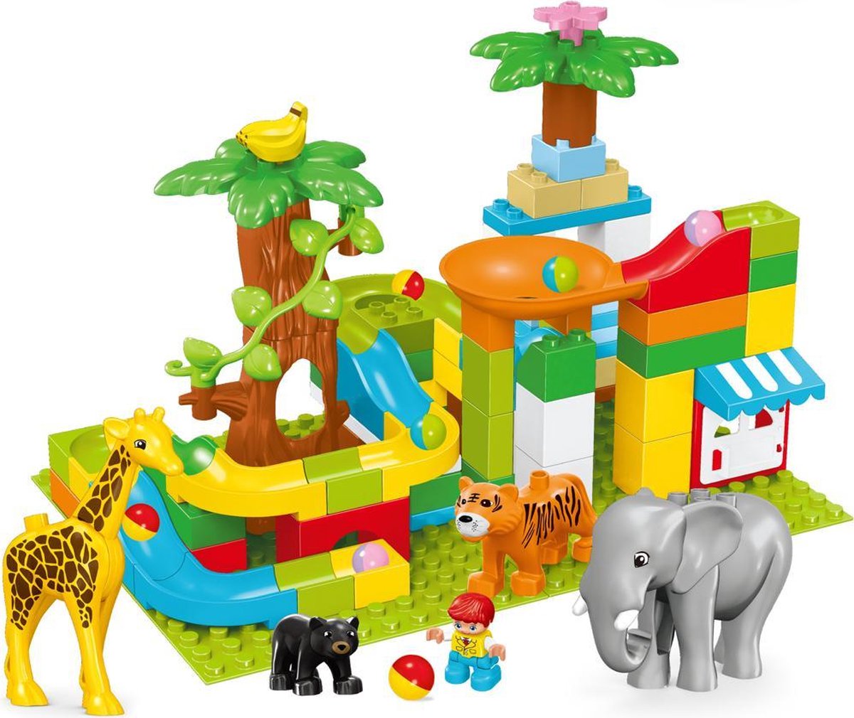 Knikkerbaan 100 delig met Dieren & Bouwplaat - Bouwblokken Voordeelverpakking - Bouwstenen compatibel met Duplo