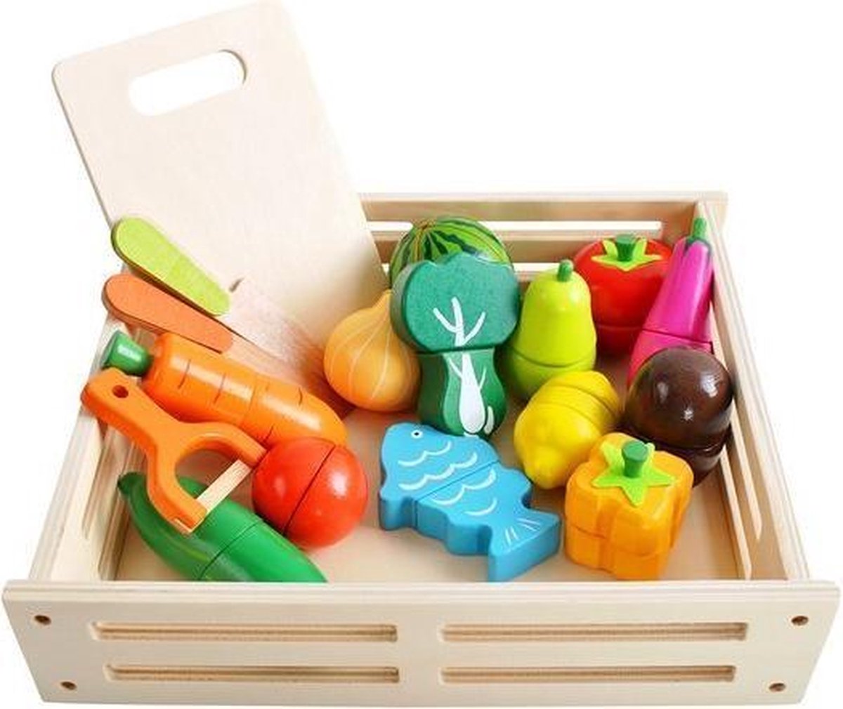 Houten Voedsel Kist - Hout Fruit en Groenten - Speelgoedvoedsel  - Houten Snijplank - kinderkeuken - Keuken Speelgoed - Speelgoed Houten Snijfruit - Houten Speelgoed Fruitset - met keukengerei vis en ei