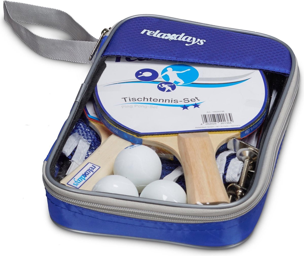 relaxdays Tafeltennis set 2 sterren - 2 batjes - 3 ballen - tafeltennisnet - blauw