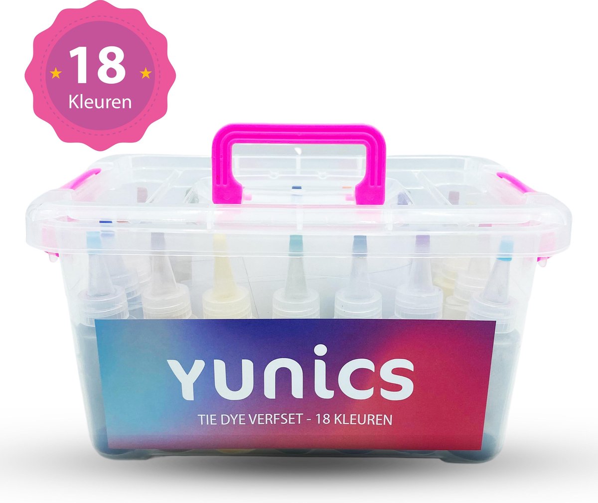 YUNICS® Tie Dye Kit - XL - 18 kleuren 60ML - Tie Dye Set - Tie Dye Verf - Textielverf - Complete Set - Inclusief Elastieken