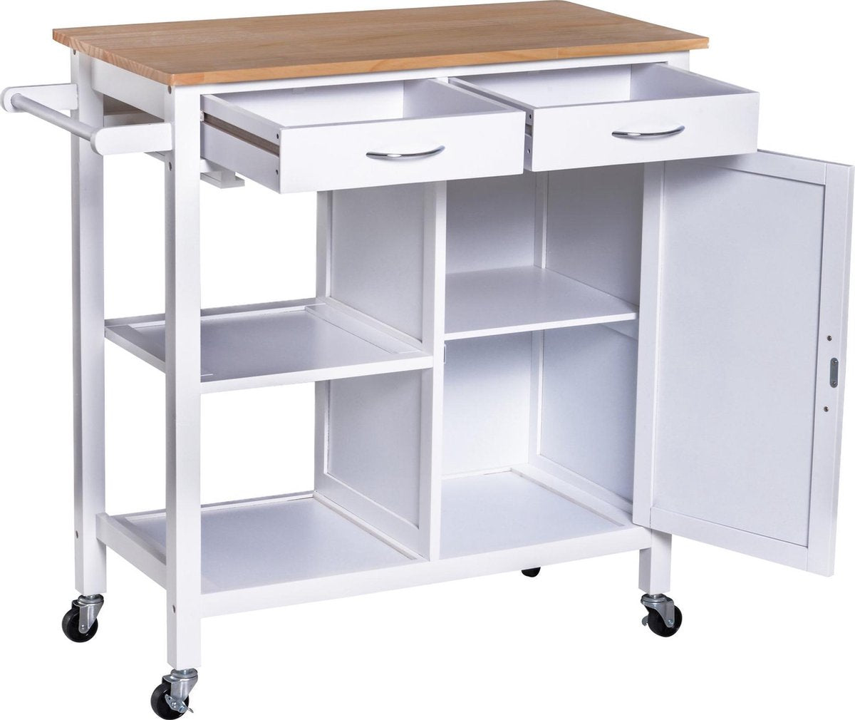 Nancy's Zanesville Keukentrolley - Serveerwagen - 2 Lades - Op Wieltjes - 4 Opbergvakken - 88.5 x 40 x 86 cm - Wit - Bruin