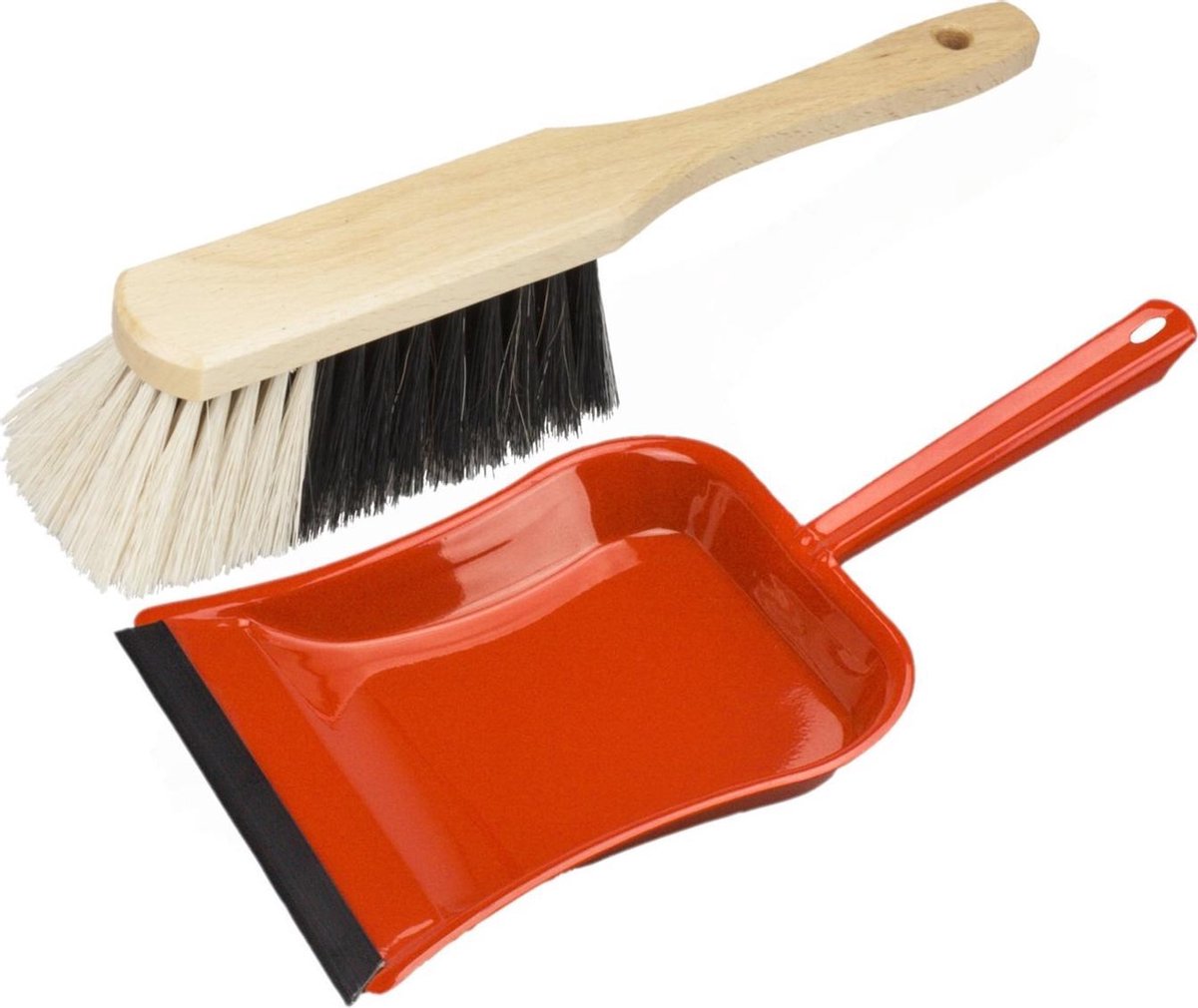 Stoffer en blik rood van metaal/hout met lip voor binnen - Zachte borstel/handveger