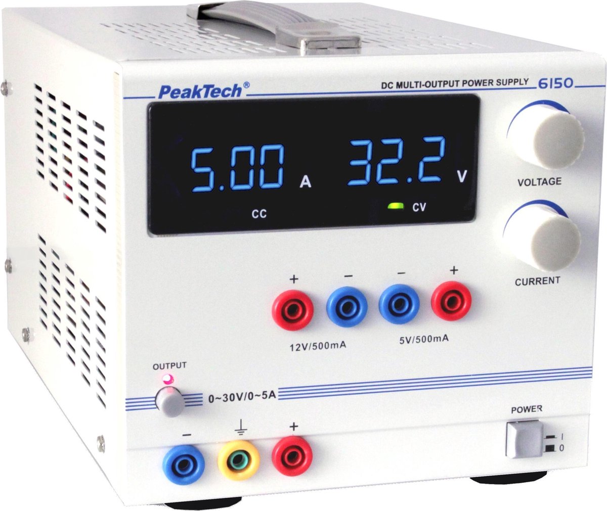 PeakTech 6150 Digitale laboratoriumvoeding 0 - 30 V / 0 - 5 A DC / 5 V / 500 mA vast / 12 V / 500 mA vast