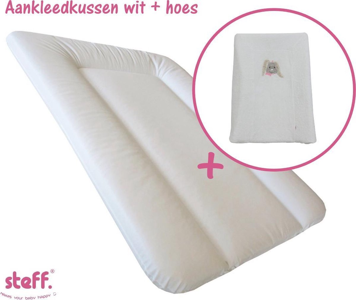 Steff - set - aankleedkussen - wit - 50x70 cm + aankleedkussenhoes konijntje roze