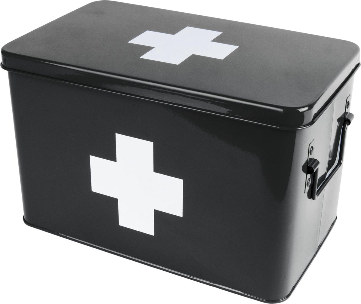 Medicine storage box metal black w. white cross L