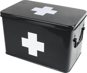 Medicine storage box metal black w. white cross L