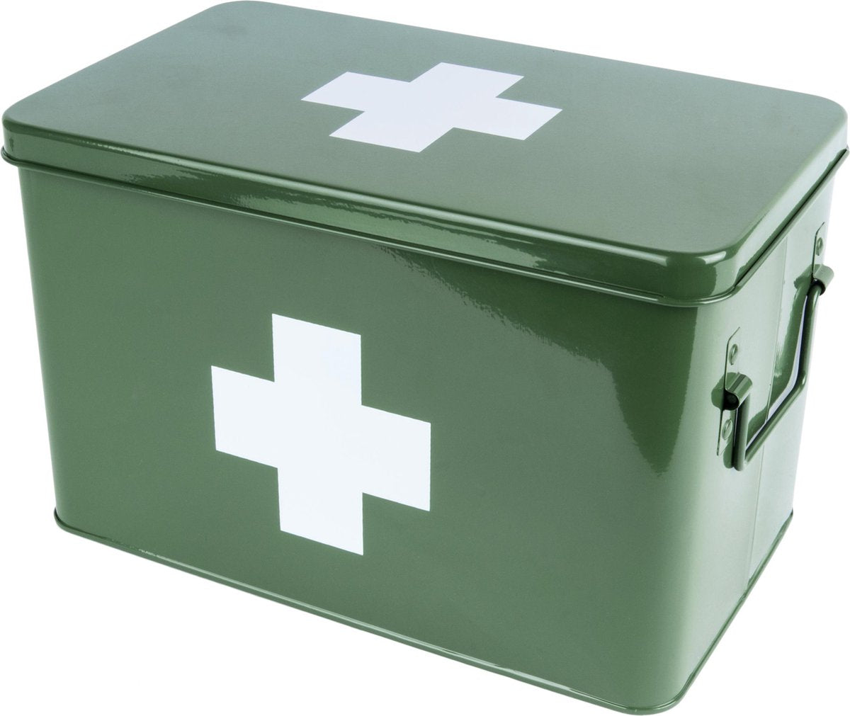 Medicine storage box metal green w. white cross L