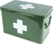 Medicine storage box metal green w. white cross L
