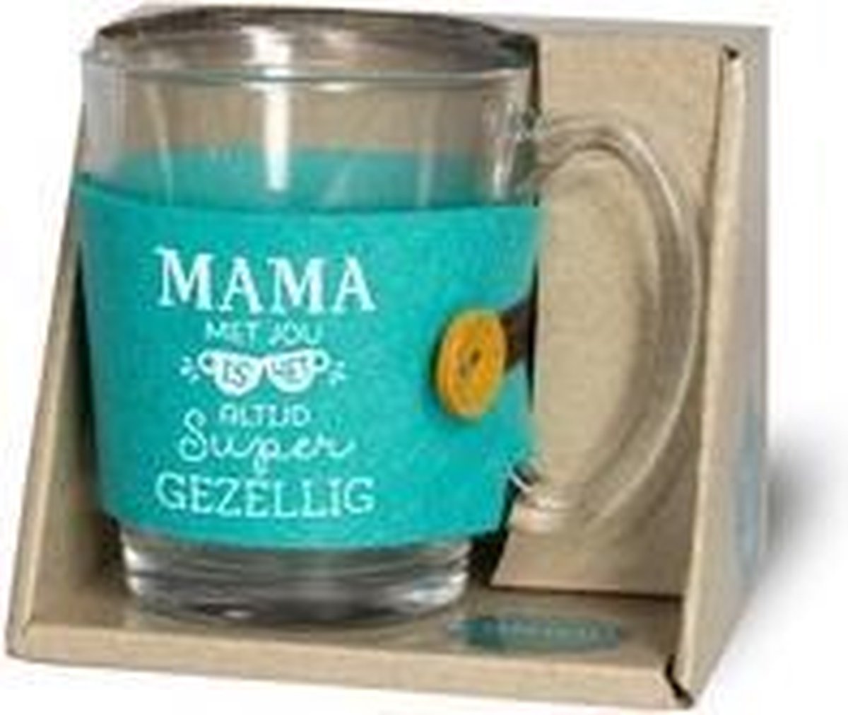 Theeglas - Mama met jou is het altijd super gezellig - Gevuld met verpakte toffees - Voorzien van een zijden lint met de tekst "Speciaal voor jou" In cadeauverpakking met gekleurd lint