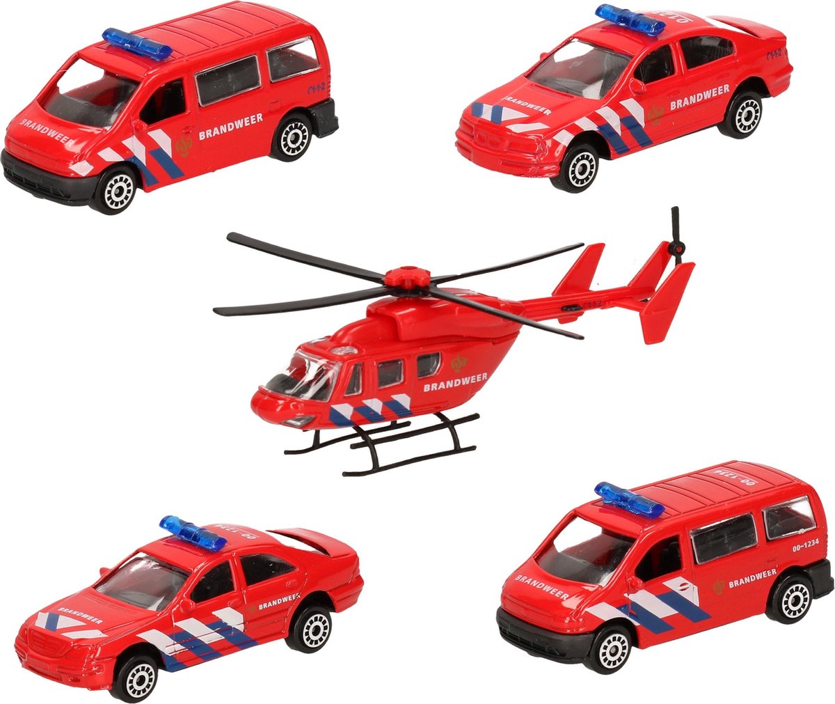 Brandweer wagens uitgebreide speelgoed set 5-delig die-cast - 4x brandweerautos en een helikopter