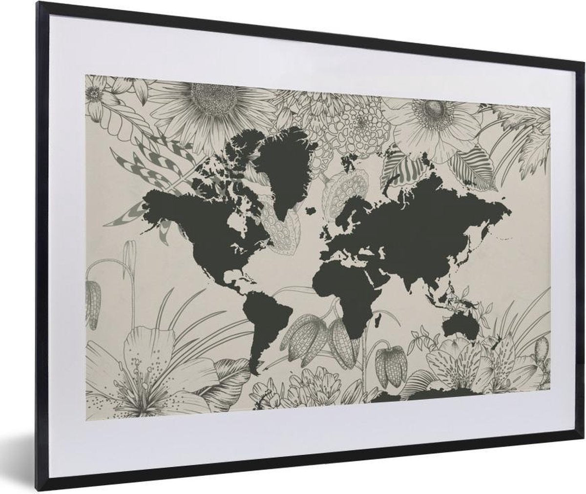 Poster met lijst Wereldkaart - Bloemen - Grijs - 60x40 cm