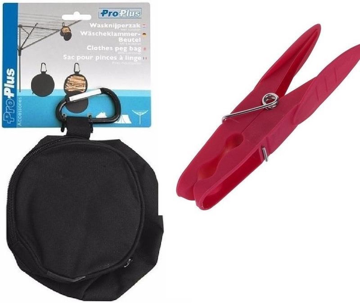 Wasknijperzak met karabijn -  insclusief 108 plastic gekleurde knijpers - knijperzak