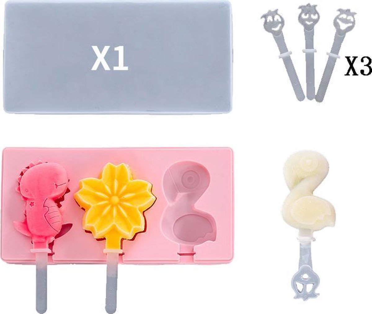 ProductGoods - Ijsvorm Flamingo - Zomer Product - 3 Stuks - Yoghurt Ijsjes - Fruit Ijsjes - Bakvorm - Chocoladevorm - 3 Recyclebaar Stokjes - Kleur Roze