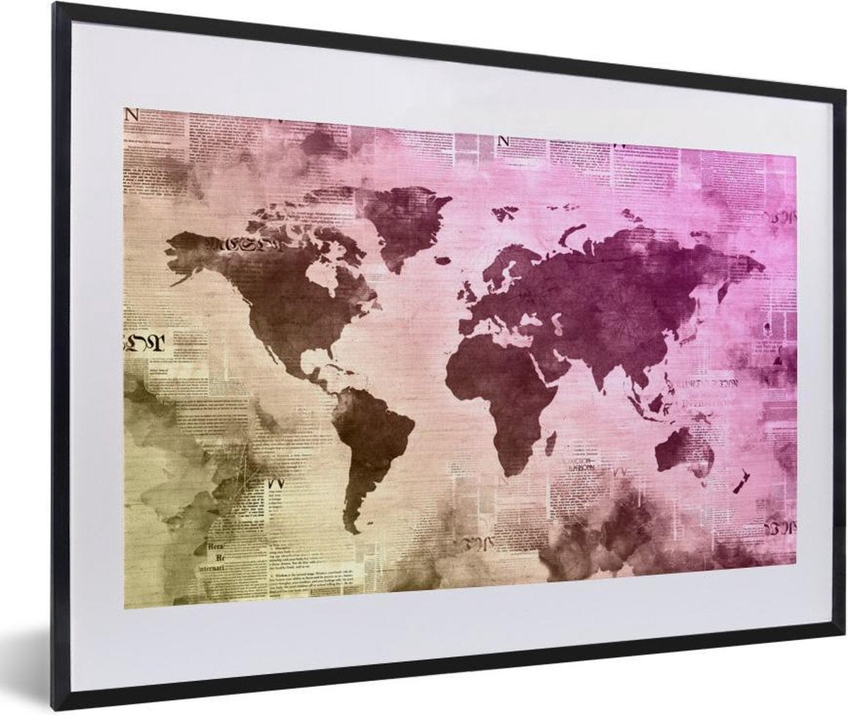 Poster met lijst Wereldkaart - Geel - Paars - 60x40 cm