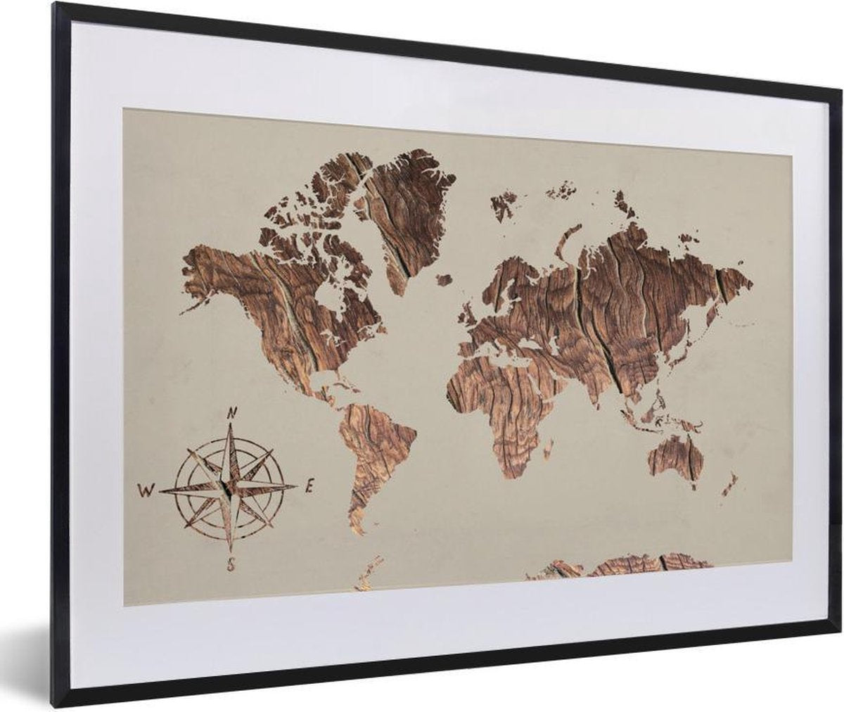 Poster met lijst Wereldkaart - Hout - Windroos - 60x40 cm