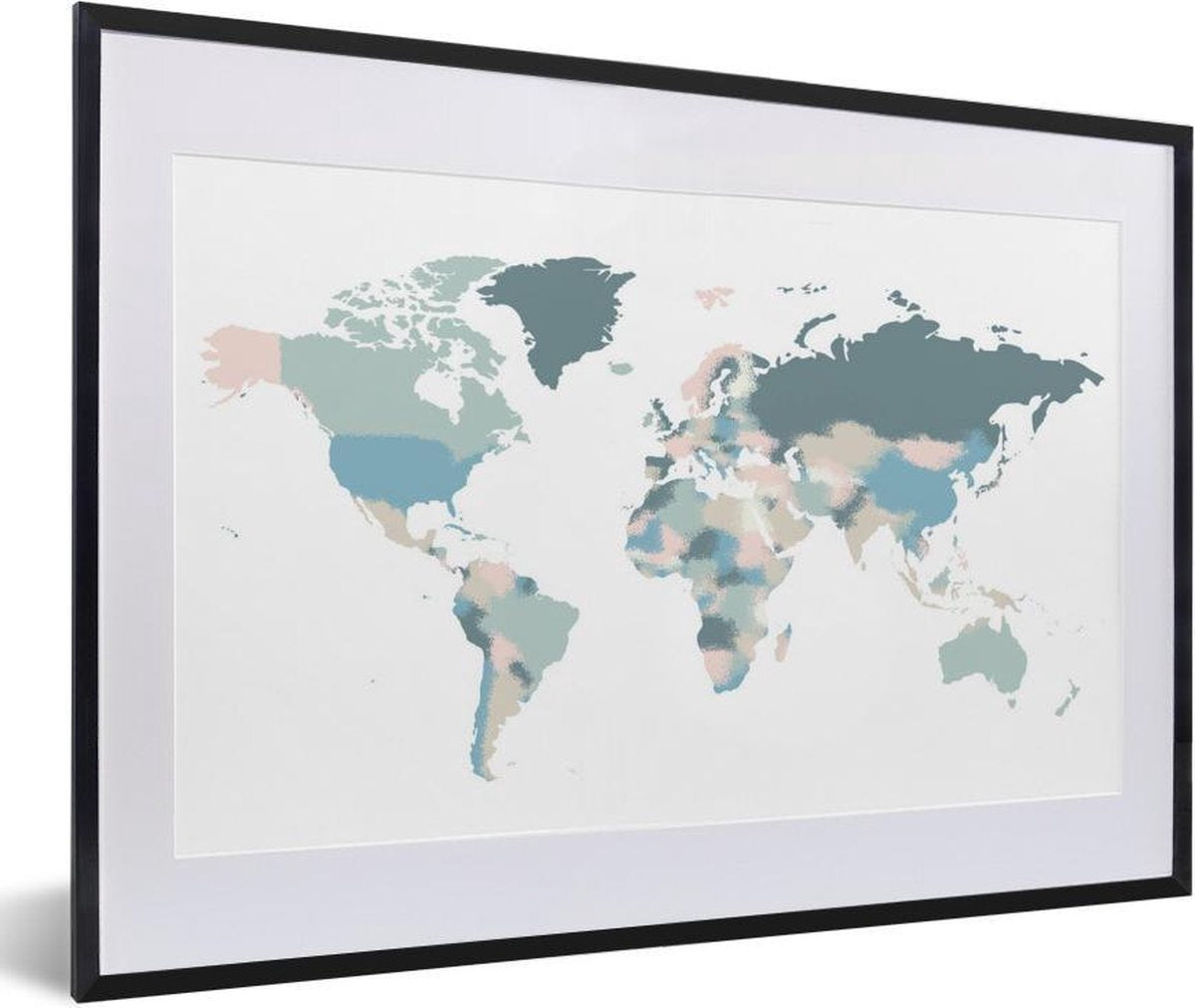 Poster met lijst Wereldkaart - Pastel - Wit - 60x40 cm