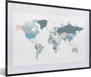 Poster met lijst Wereldkaart - Pastel - Wit - 60x40 cm