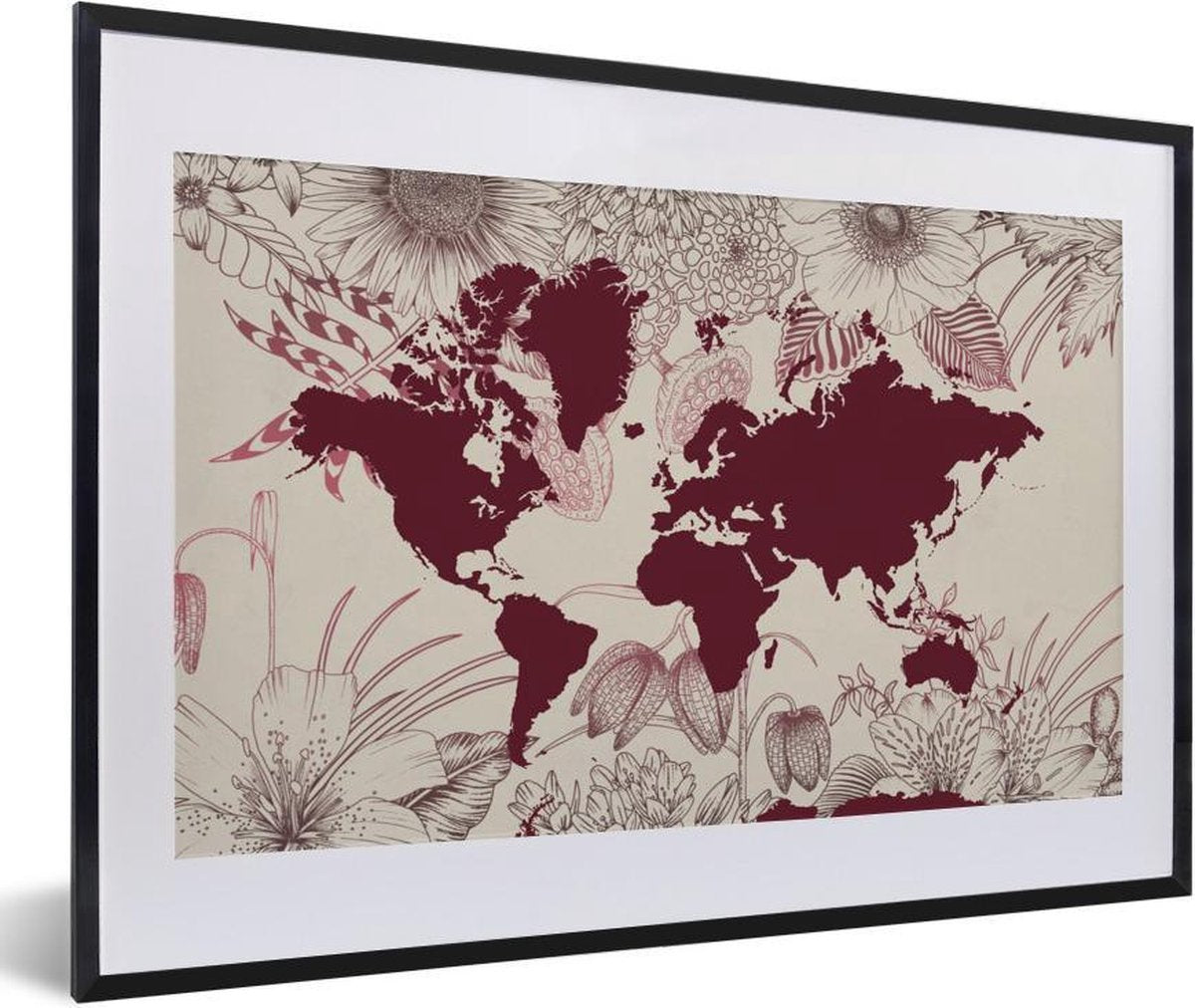 Poster met lijst Wereldkaart - Rood - Bloemen - 60x40 cm