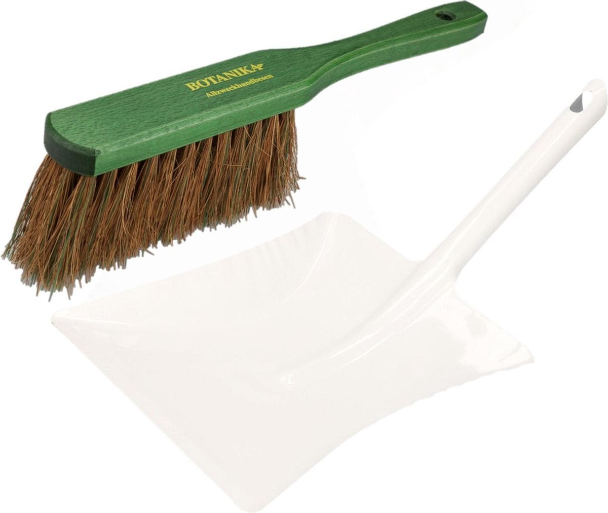 Stoffer en blik wit/groen van metaal/hout/kokos haren voor buiten - Harde borstel/handveger