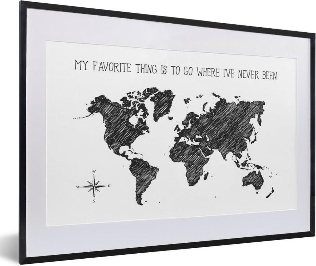 Poster met lijst Wereldkaart - Zwart - Wit - Quote - 60x40 cm