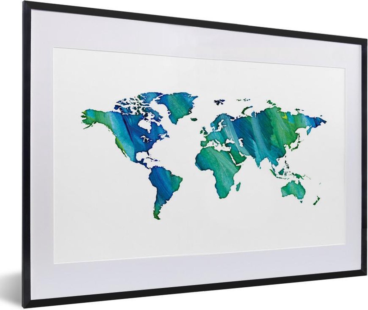 Poster met lijst Wereldkaart - Waterverf - Wit - 60x40 cm