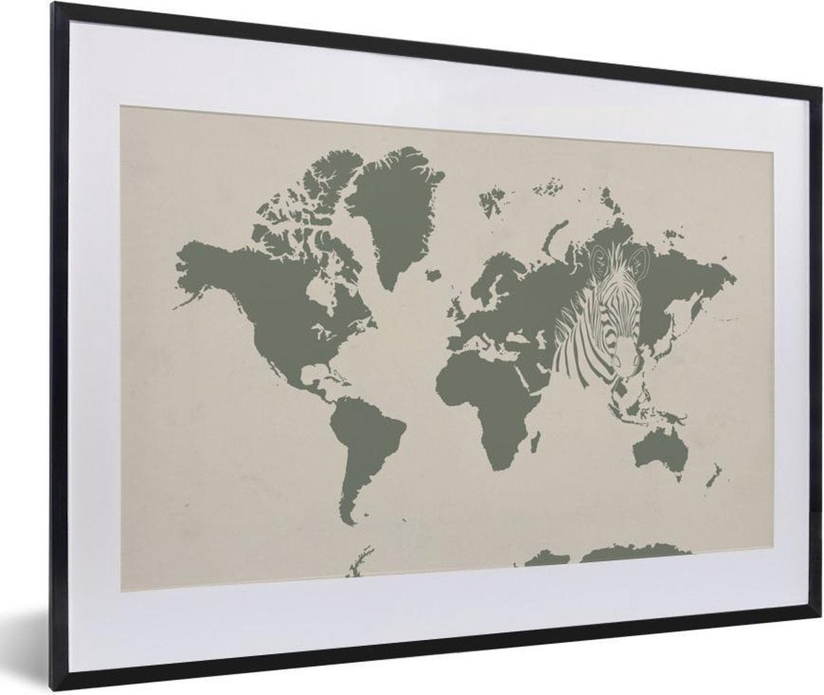 Poster met lijst Wereldkaart - Dieren - Zebra - 60x40 cm