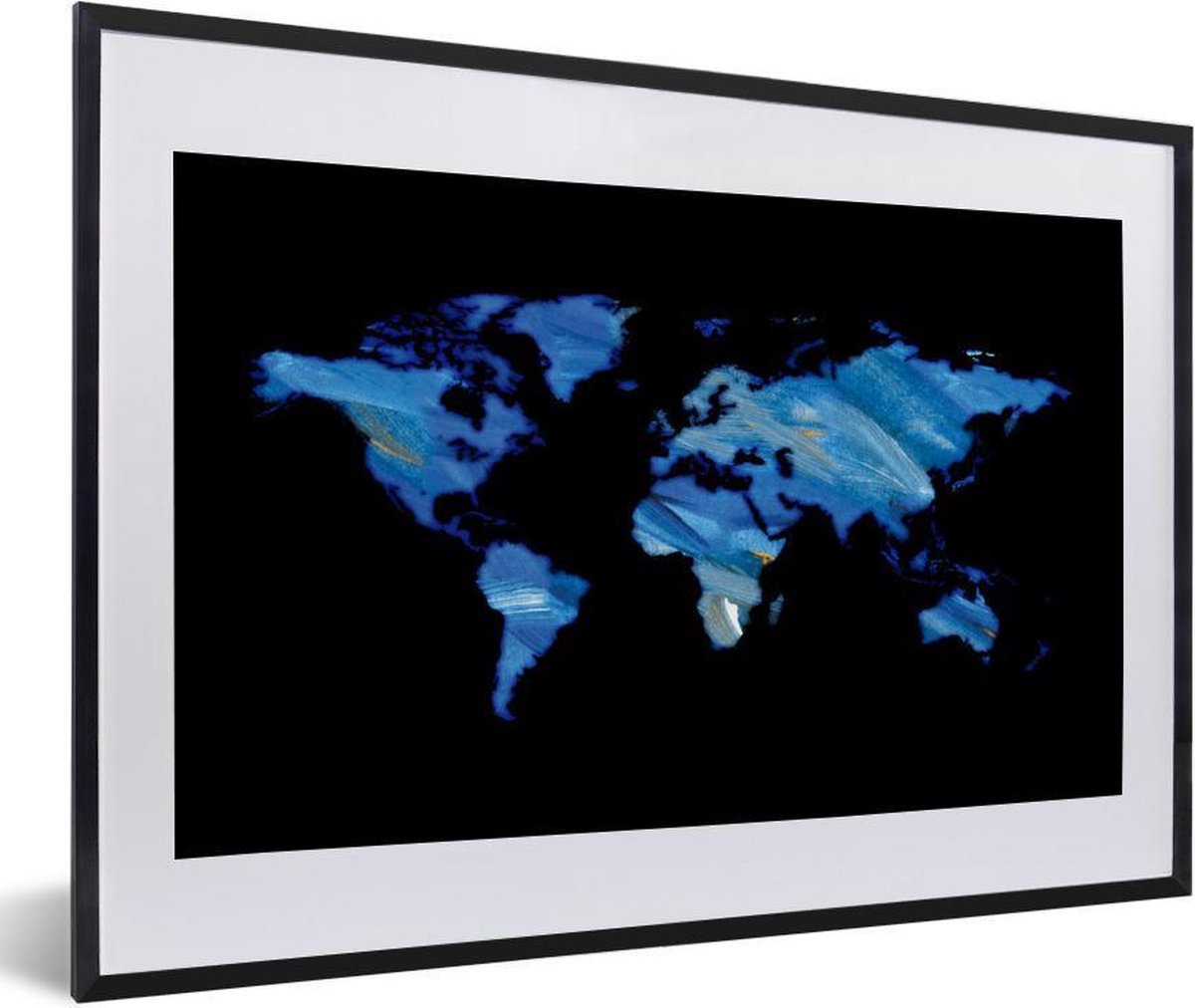 Poster met lijst Wereldkaart - Zwart- Waterverf - 60x40 cm