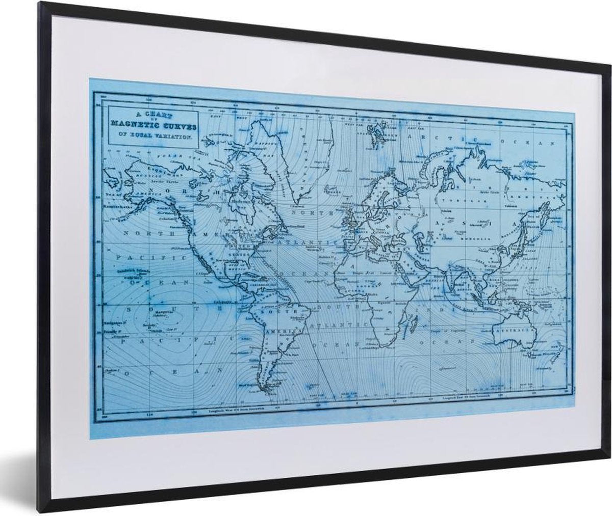 Blauwe wereldkaart met magnetic curves fotolijst zwart met witte passe-partout 60x40 cm