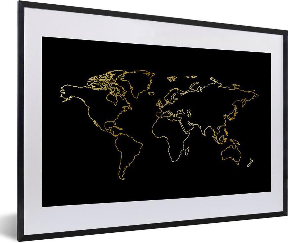 Gouden wereldkaart op een zwarte achtergrond fotolijst zwart met witte passe partout 40x60