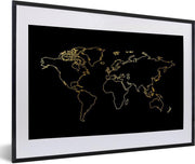 Gouden wereldkaart op een zwarte achtergrond fotolijst zwart met witte passe partout 40x60