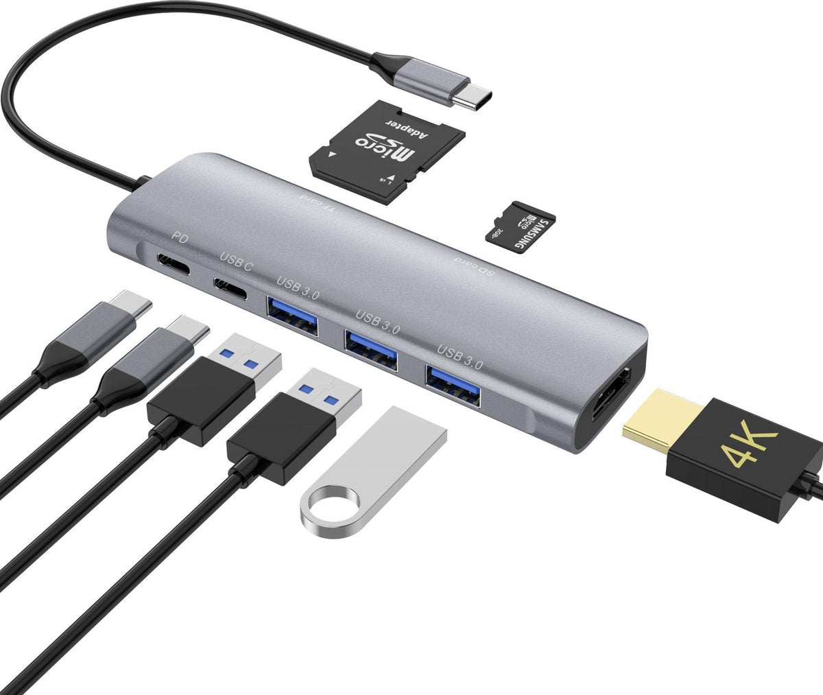 8-in-1 USB-C Hub Adapter - Type-C Kabel naar 4K UHD HDMI Converter -3*USB3.0+HDMI  4K @ 30Hz +USB-C PD charging +USB-C data+SD/TF
