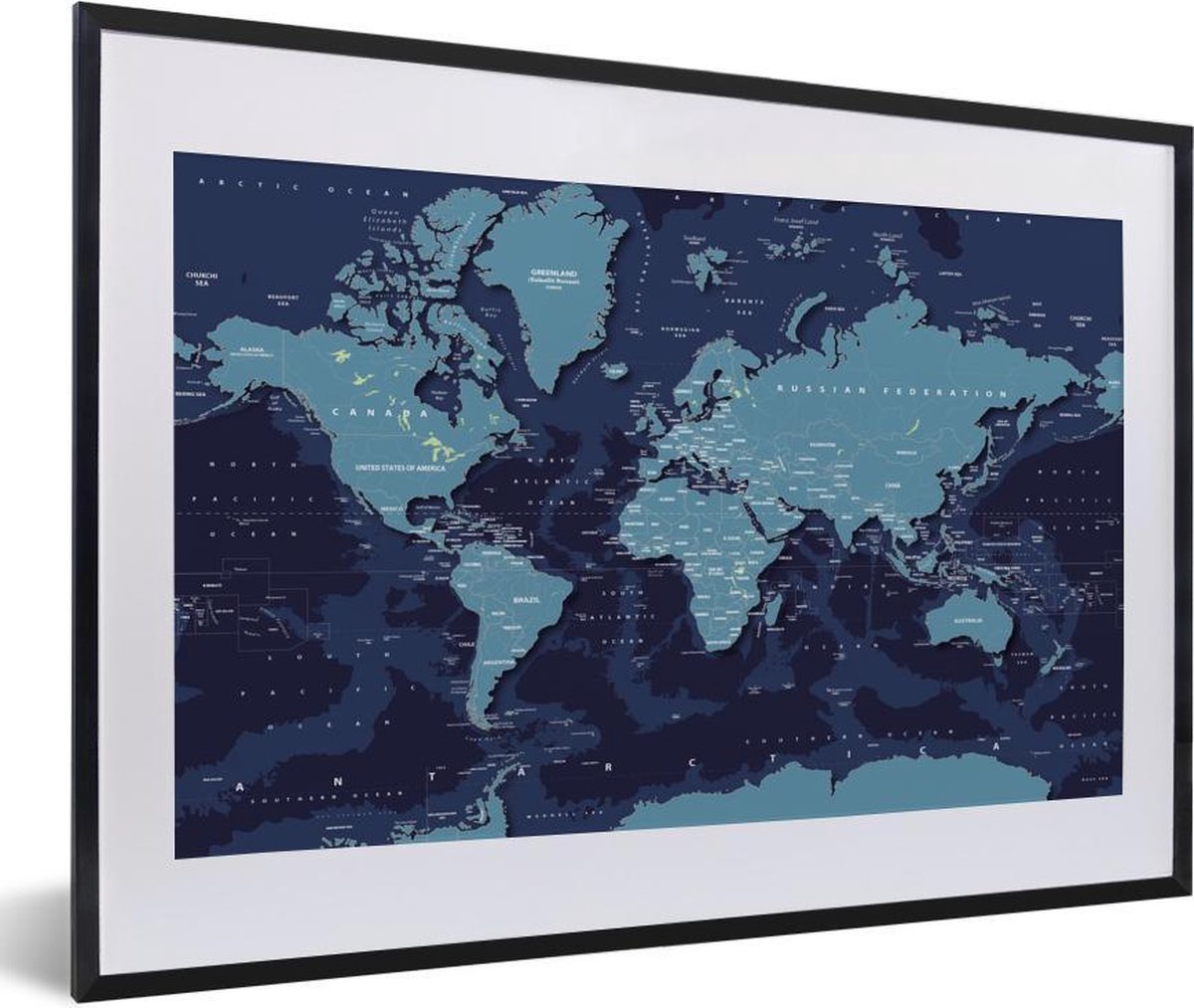 Blauwe abstracte wereldkaart met donkere schaduwen fotolijst zwart met witte passe-partout 60x40 cm