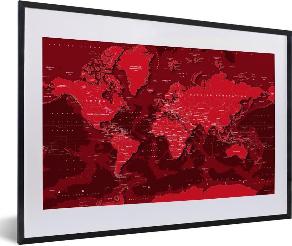 Abstracte rode wereldkaart met schaduwen fotolijst zwart met witte passe-partout 60x40 cm