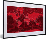 Abstracte rode wereldkaart met schaduwen fotolijst zwart met witte passe-partout 60x40 cm