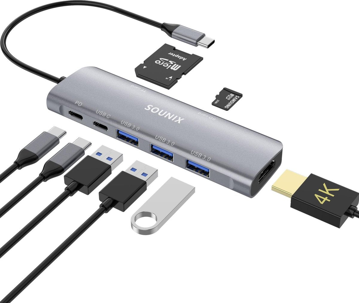 Sounix 8-in-1 USB-C Hub Adapter - Type-C Kabel naar 4K UHD HDMI Converter- PD charging  - 3 x USB 3.0  - SD - TF