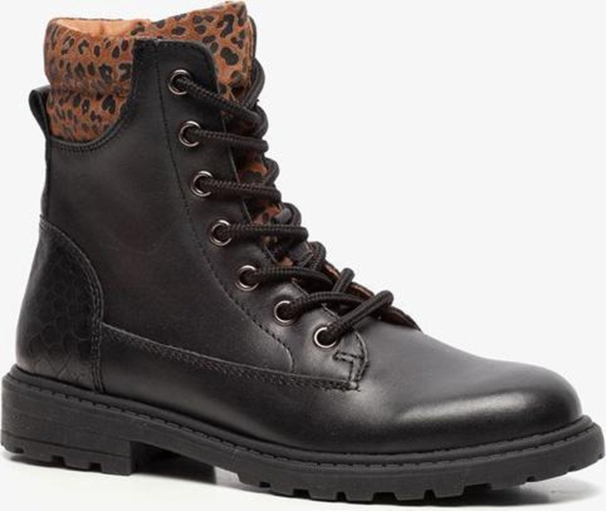 Groot leren meisjes veterboots met luipaardprint - Zwart - Maat 32