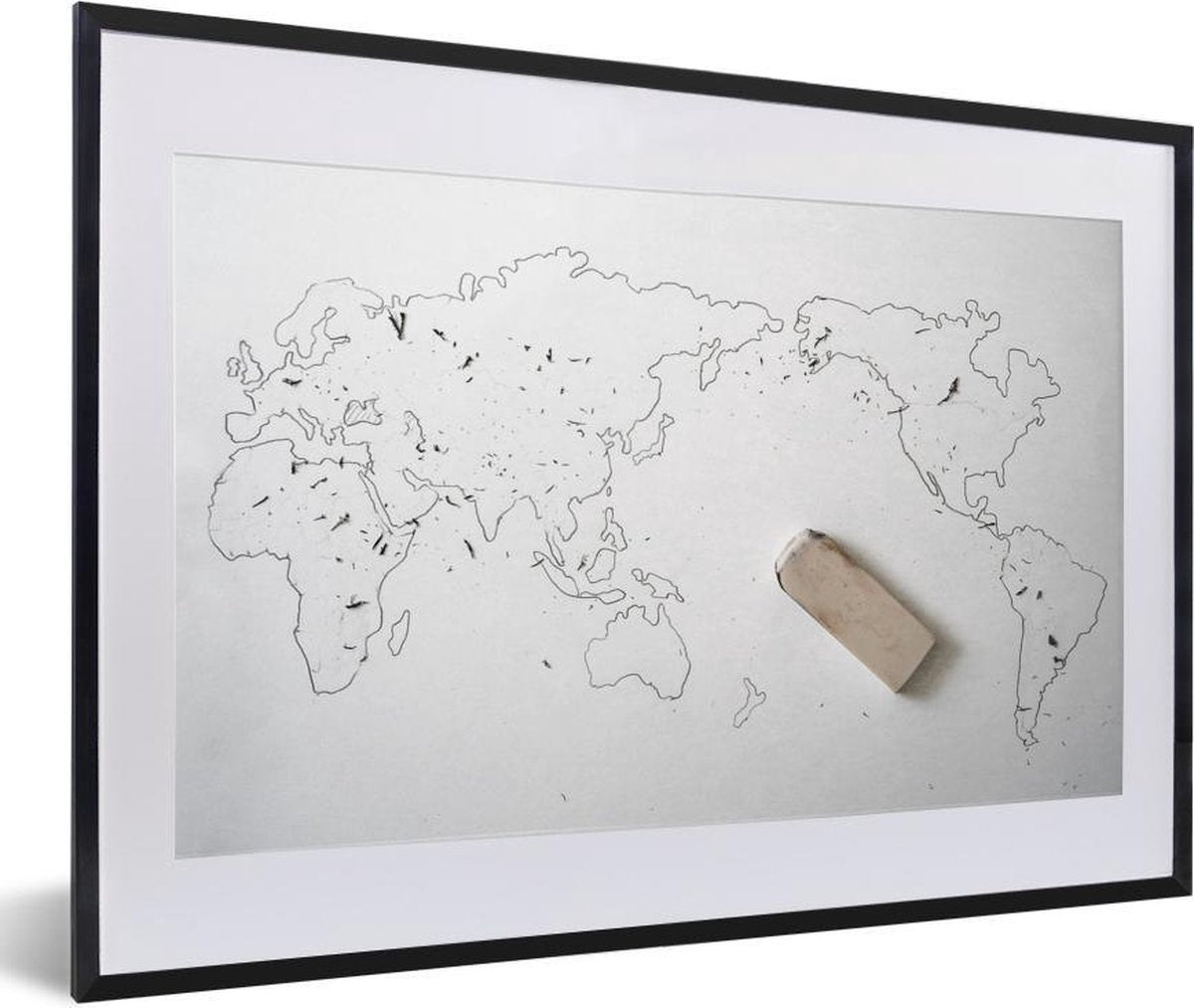 Poster met lijst Gum - Handgetekende wereldkaart met gum - fotolijst zwart - 60x40 cm - Poster met lijst