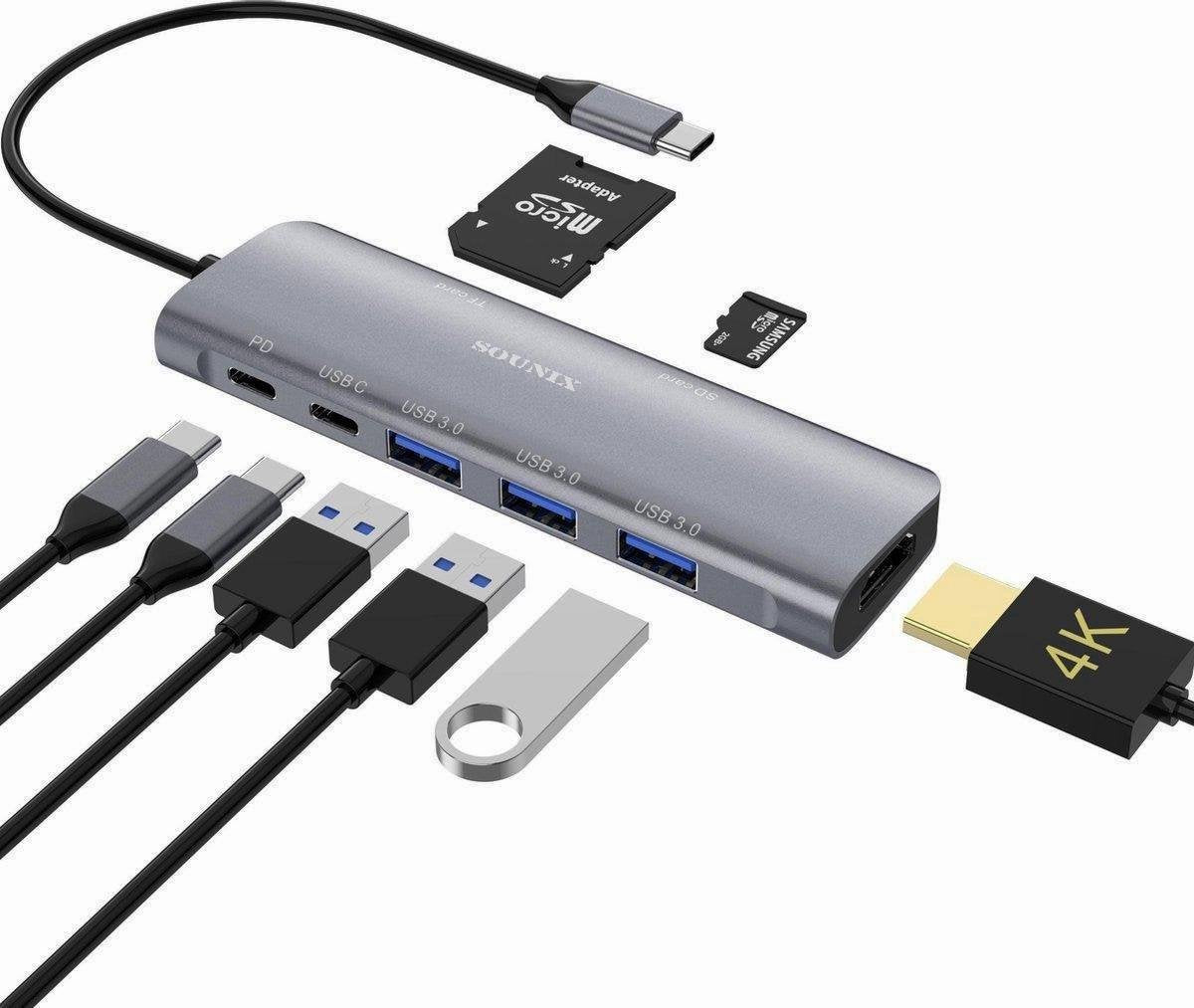 Sounix XR8 - Docking Station - 8 in 1 USB-C Hub - Docking Station voor Laptop - HDMI - USB - Micro SD - 4K UHD HDMI Converter